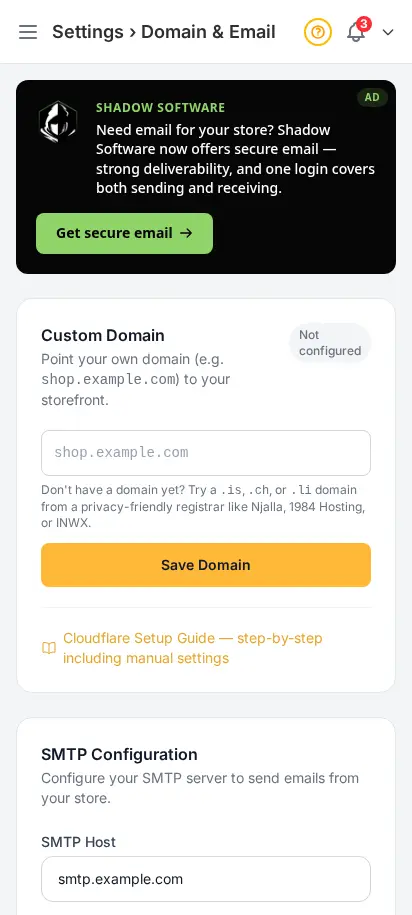 Configuración de dominio de DabDash mostrando configuración de dominio personalizado y detalles de verificación DNS — vista móvil