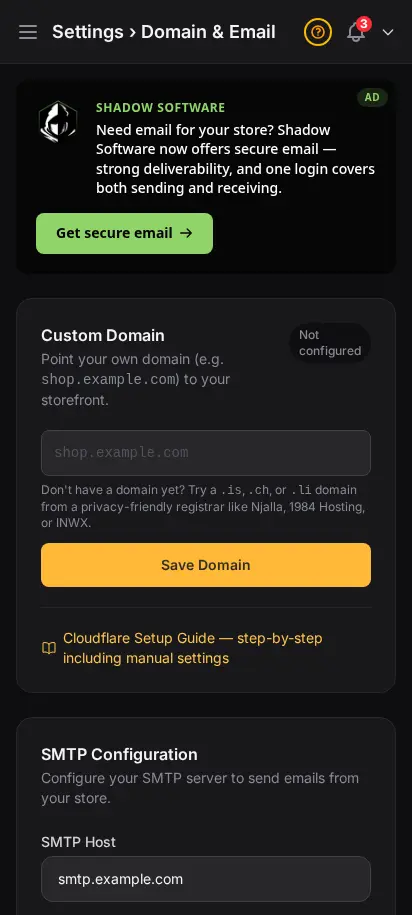 Configuración de dominio de DabDash mostrando configuración de dominio personalizado y detalles de verificación DNS — vista móvil