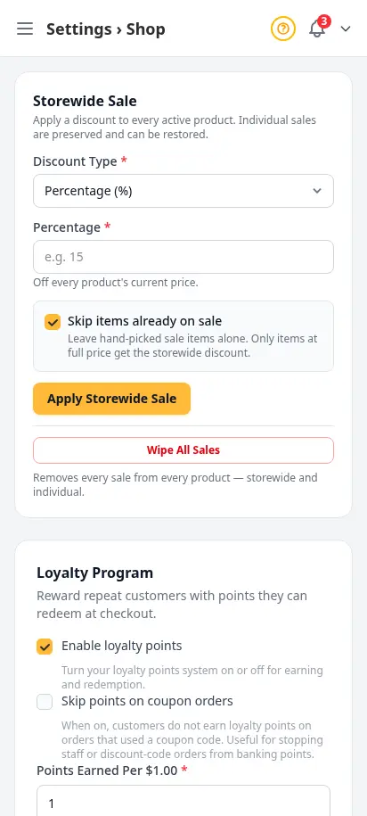 Configuración de tienda de DabDash mostrando reglas de entrega, tarifas y controles de comportamiento de la tienda