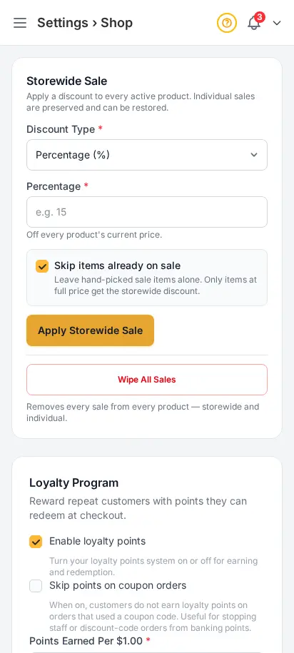 Configuración de tienda de DabDash mostrando reglas de entrega, tarifas y controles de comportamiento de la tienda