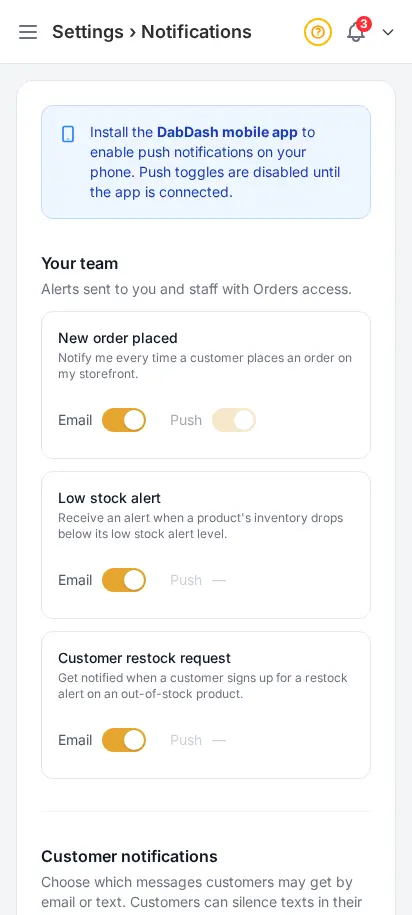 Configuración de notificaciones de DabDash mostrando interruptores para alertas de pedidos, stock y reposición — vista móvil