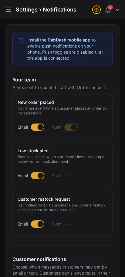 Configuración de notificaciones de DabDash mostrando interruptores para alertas de pedidos, stock y reposición — vista móvil
