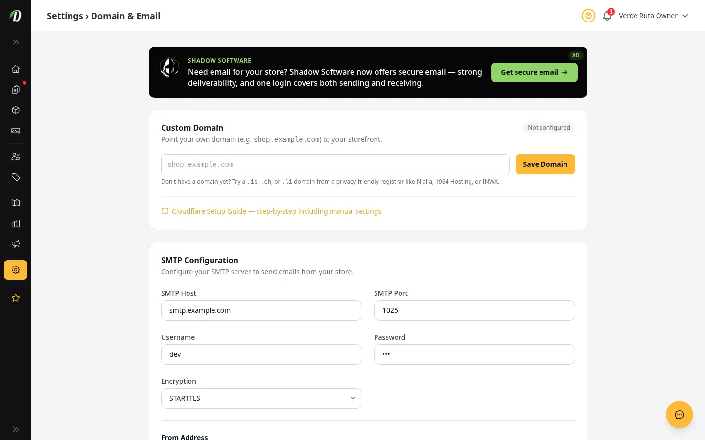 Configuración de correo de DabDash mostrando detalles del remitente, configuración de bandeja de entrada y controles de entrega de correo