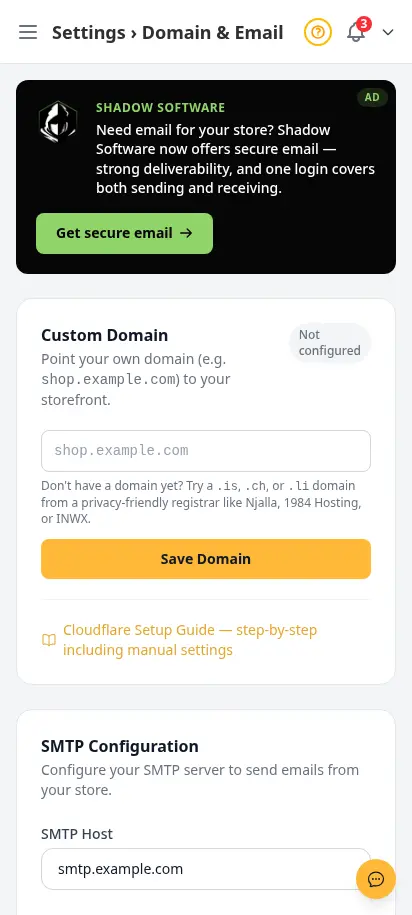 Configuración de correo de DabDash mostrando detalles del remitente, configuración de bandeja de entrada y controles de entrega de correo — vista móvil