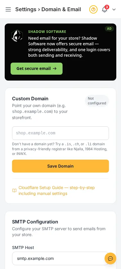 Configuración de correo de DabDash mostrando detalles del remitente, configuración de bandeja de entrada y controles de entrega de correo — vista móvil