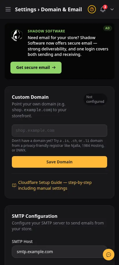 Configuración de correo de DabDash mostrando detalles del remitente, configuración de bandeja de entrada y controles de entrega de correo — vista móvil