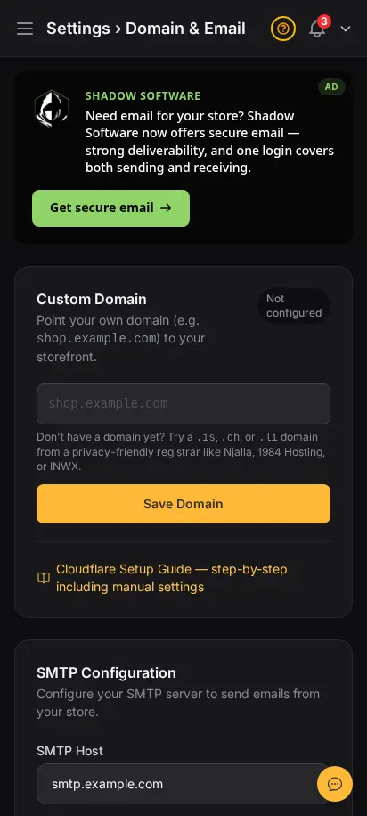 Configuración de correo de DabDash mostrando detalles del remitente, configuración de bandeja de entrada y controles de entrega de correo — vista móvil