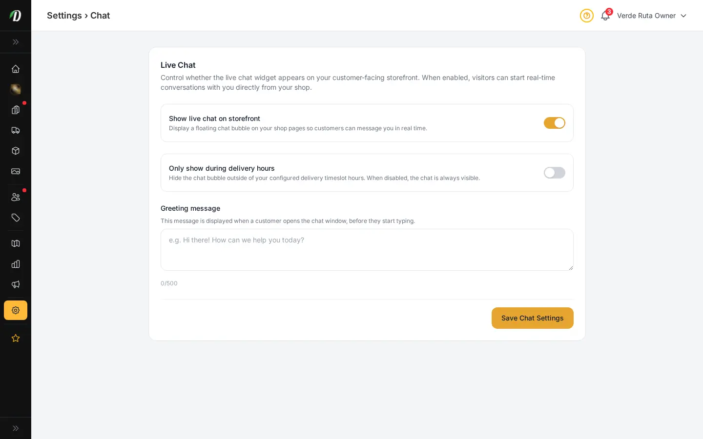 Configuración de chat en vivo de DabDash mostrando texto de bienvenida, horarios y controles de activación