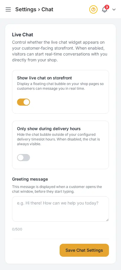 Configuración de chat en vivo de DabDash mostrando texto de bienvenida, horarios y controles de activación — vista móvil