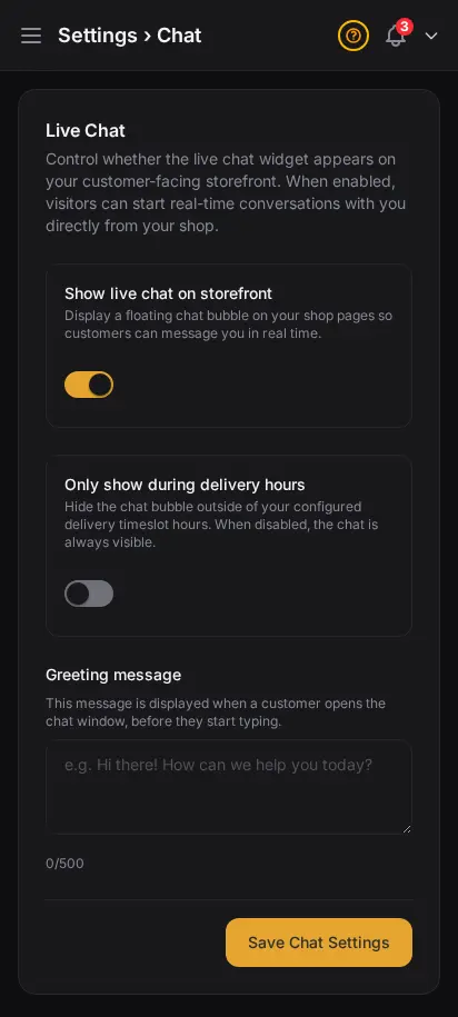 Configuración de chat en vivo de DabDash mostrando texto de bienvenida, horarios y controles de activación — vista móvil