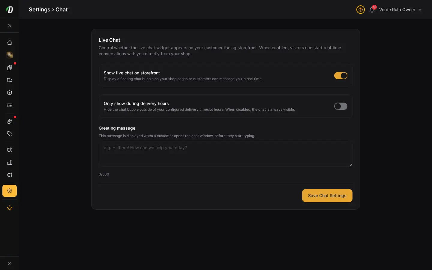 Configuración de chat en vivo de DabDash mostrando texto de bienvenida, horarios y controles de activación