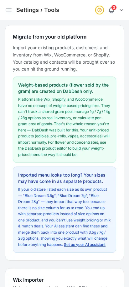 Página de herramientas de DabDash mostrando herramientas de importación y configuración para mover datos de la tienda — vista móvil