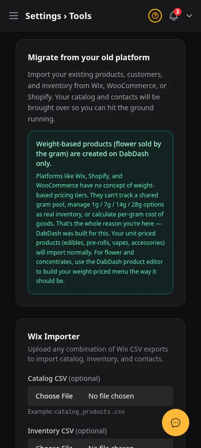 DabDash tools page showing import and setup tools for moving store data in — mobile view