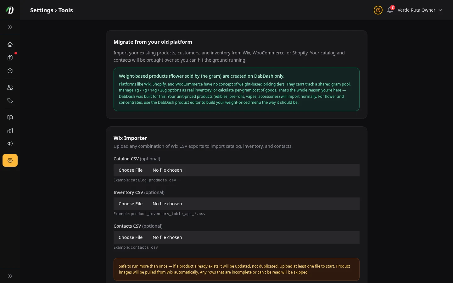 DabDash tools page showing import and setup tools for moving store data in