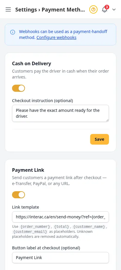 Página de métodos de pago de DabDash mostrando opciones de pago contra reembolso, enlace, QR, webhook y cripto