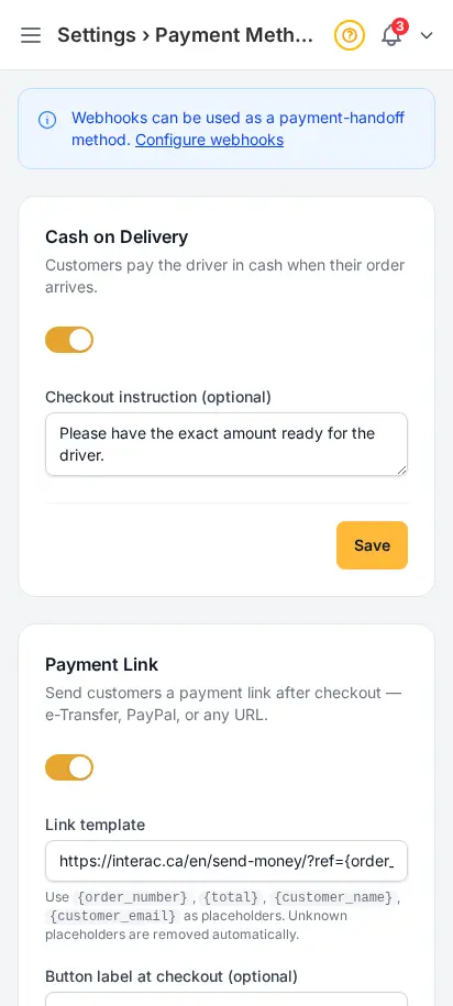 Página de métodos de pago de DabDash mostrando opciones de pago contra reembolso, enlace, QR, webhook y cripto