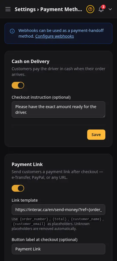 Página de métodos de pago de DabDash mostrando opciones de pago contra reembolso, enlace, QR, webhook y cripto