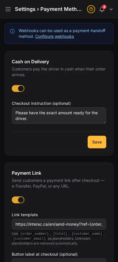 Página de métodos de pago de DabDash mostrando opciones de pago contra reembolso, enlace, QR, webhook y cripto
