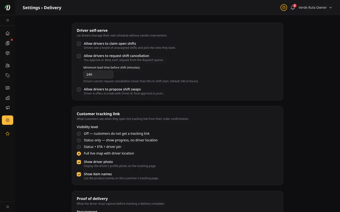Ajustes de Entrega captura de pantalla