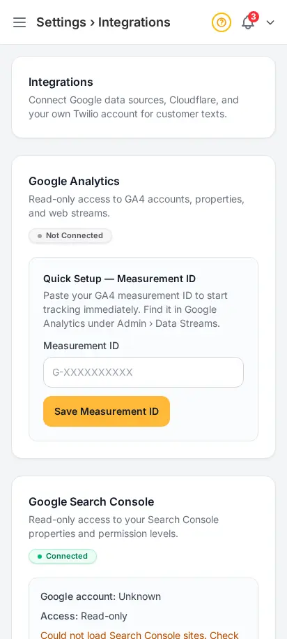Página de integraciones de DabDash mostrando conexiones de Google Analytics, Search Console y Cloudflare
