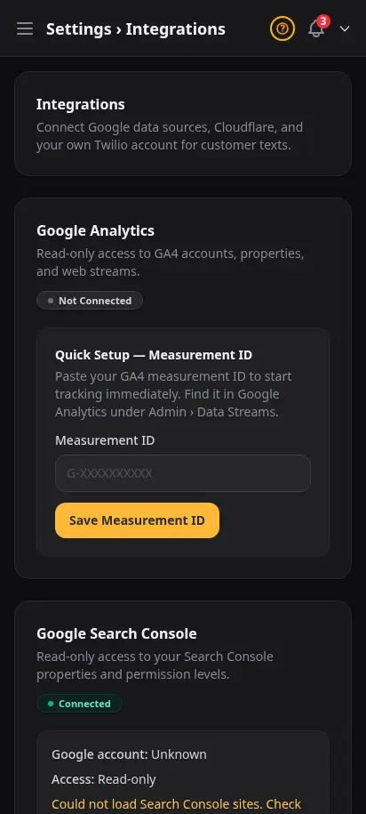 Página de integraciones de DabDash mostrando conexiones de Google Analytics, Search Console y Cloudflare