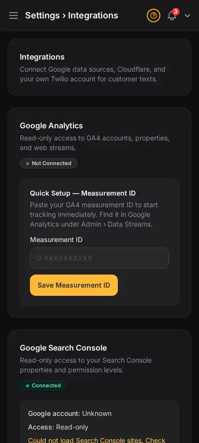 Página de integraciones de DabDash mostrando conexiones de Google Analytics, Search Console y Cloudflare