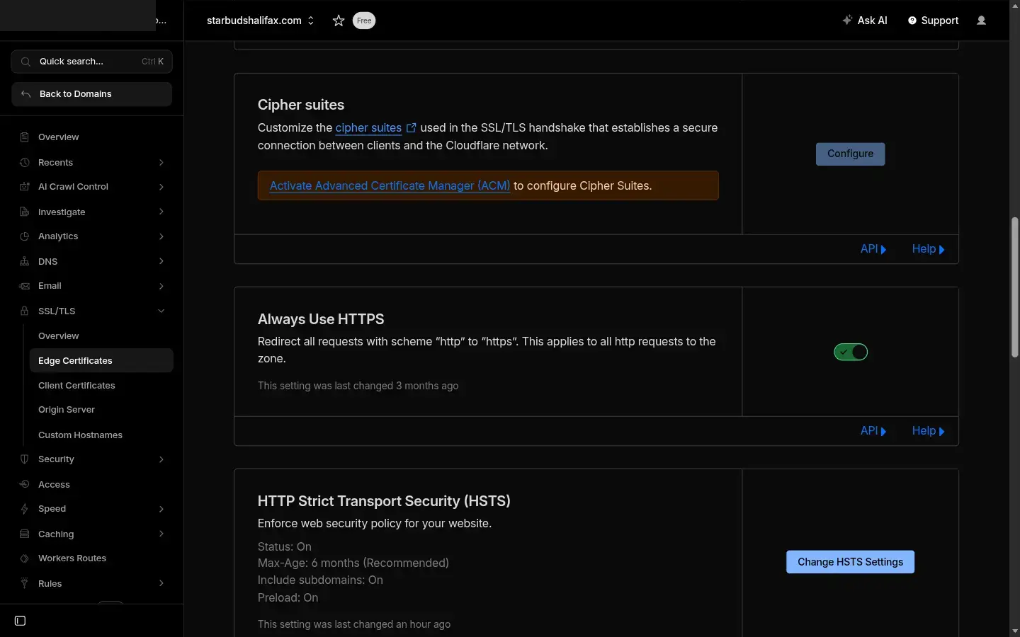 Página de Certificados Edge de Cloudflare mostrando el interruptor Siempre usar HTTPS en estado activado