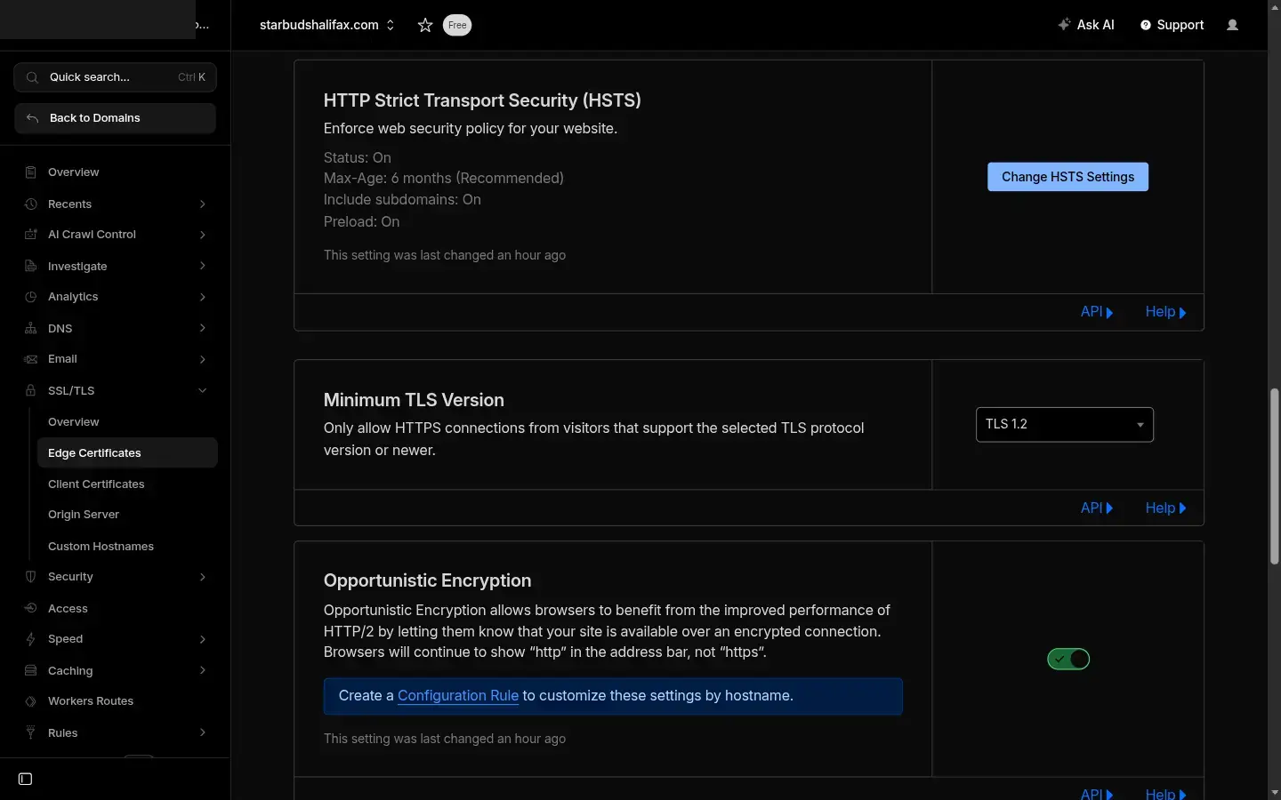 Página de Certificados Edge mostrando la Versión TLS mínima en TLS 1.2 y el Cifrado oportunista activado