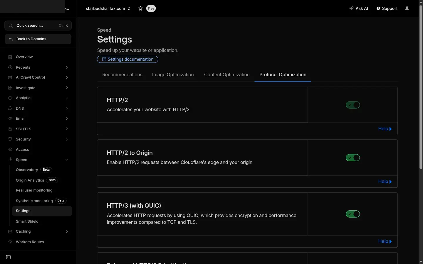 Pestaña de Optimización de protocolo de Cloudflare mostrando los interruptores HTTP/2 y HTTP/3 con QUIC ambos activados