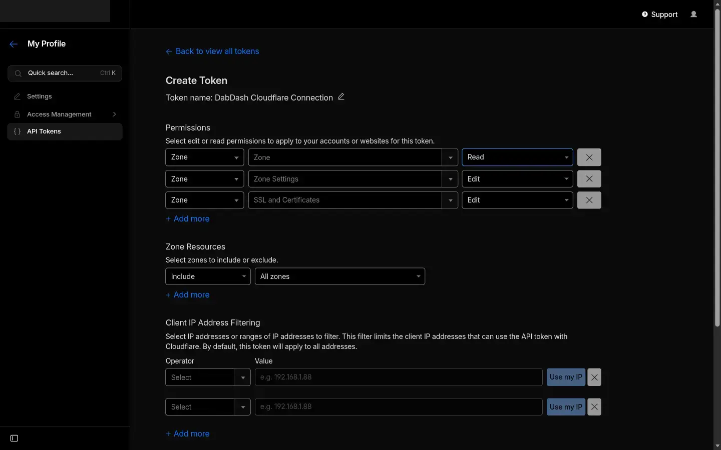 Página Crear Token de Cloudflare con el nombre DabDash Cloudflare Connection y los permisos Zone Read, Zone Settings Edit y SSL and Certificates Edit ya marcados
