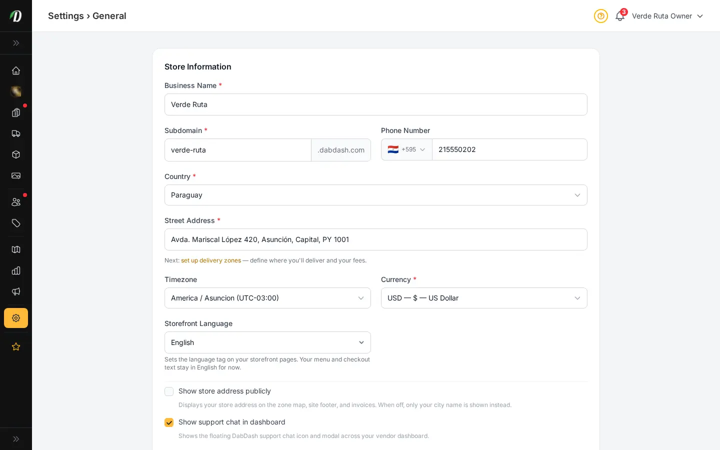 Página de configuración MCP de DabDash mostrando endpoint del inquilino, tokens API y herramientas disponibles