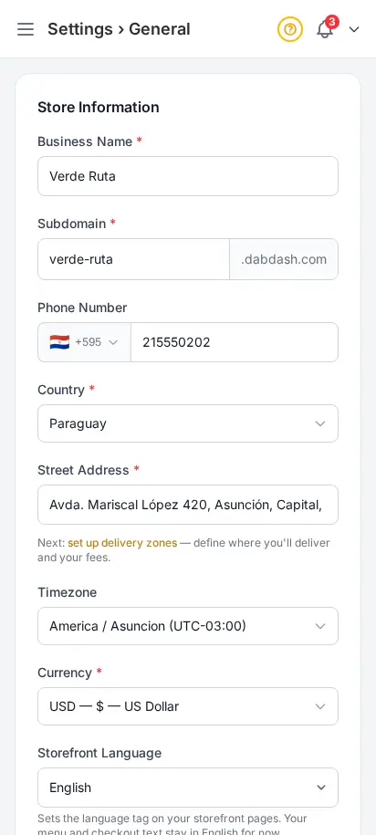 Página de configuración MCP de DabDash mostrando endpoint del inquilino, tokens API y herramientas disponibles
