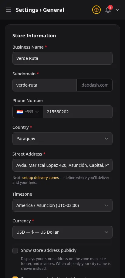 Página de configuración MCP de DabDash mostrando endpoint del inquilino, tokens API y herramientas disponibles