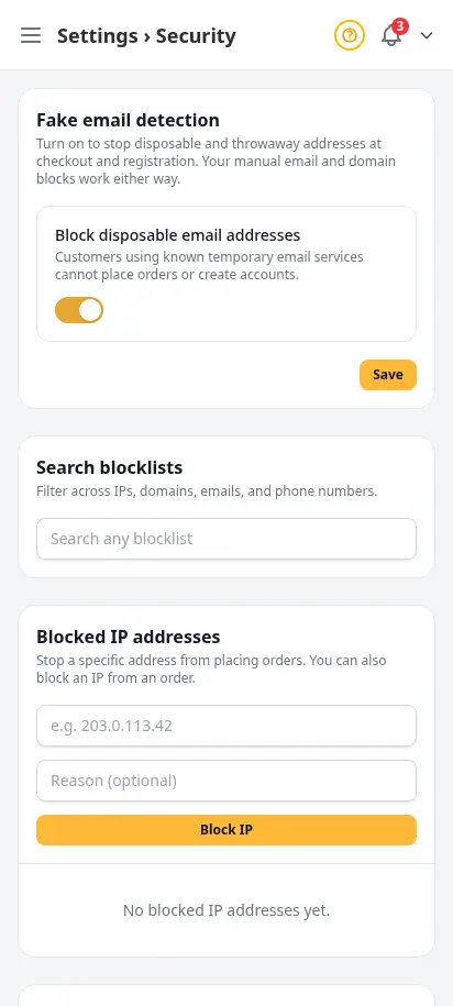 Página de seguridad de DabDash mostrando bloqueo de correo desechable y listas de bloqueo de IP, dominio, correo y teléfono