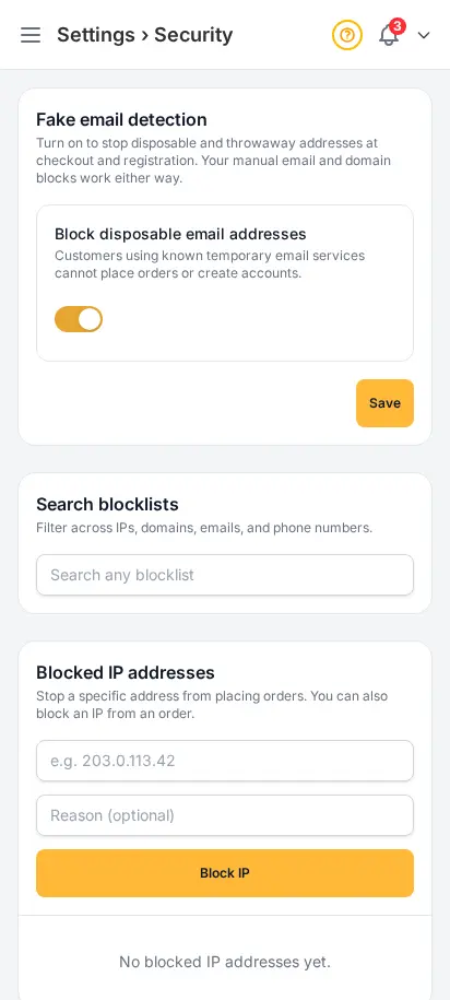Página de seguridad de DabDash mostrando bloqueo de correo desechable y listas de bloqueo de IP, dominio, correo y teléfono