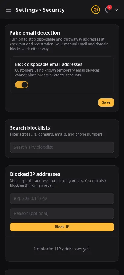Página de seguridad de DabDash mostrando bloqueo de correo desechable y listas de bloqueo de IP, dominio, correo y teléfono