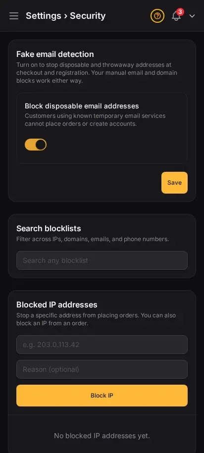 Página de seguridad de DabDash mostrando bloqueo de correo desechable y listas de bloqueo de IP, dominio, correo y teléfono