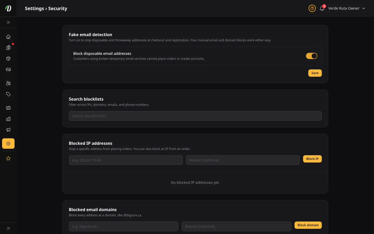 Página de seguridad de DabDash mostrando bloqueo de correo desechable y listas de bloqueo de IP, dominio, correo y teléfono