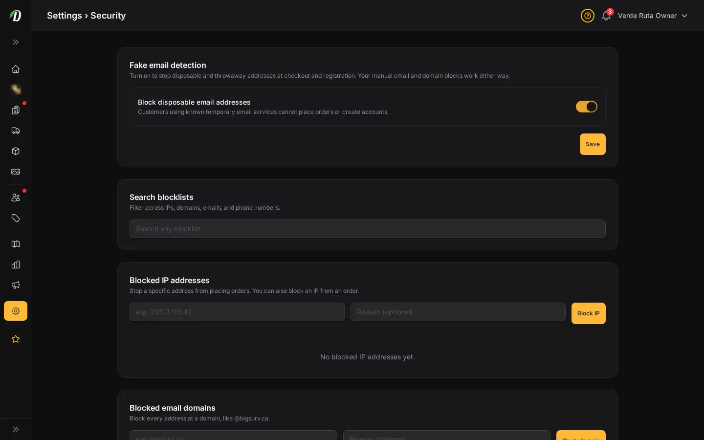 Página de seguridad de DabDash mostrando bloqueo de correo desechable y listas de bloqueo de IP, dominio, correo y teléfono