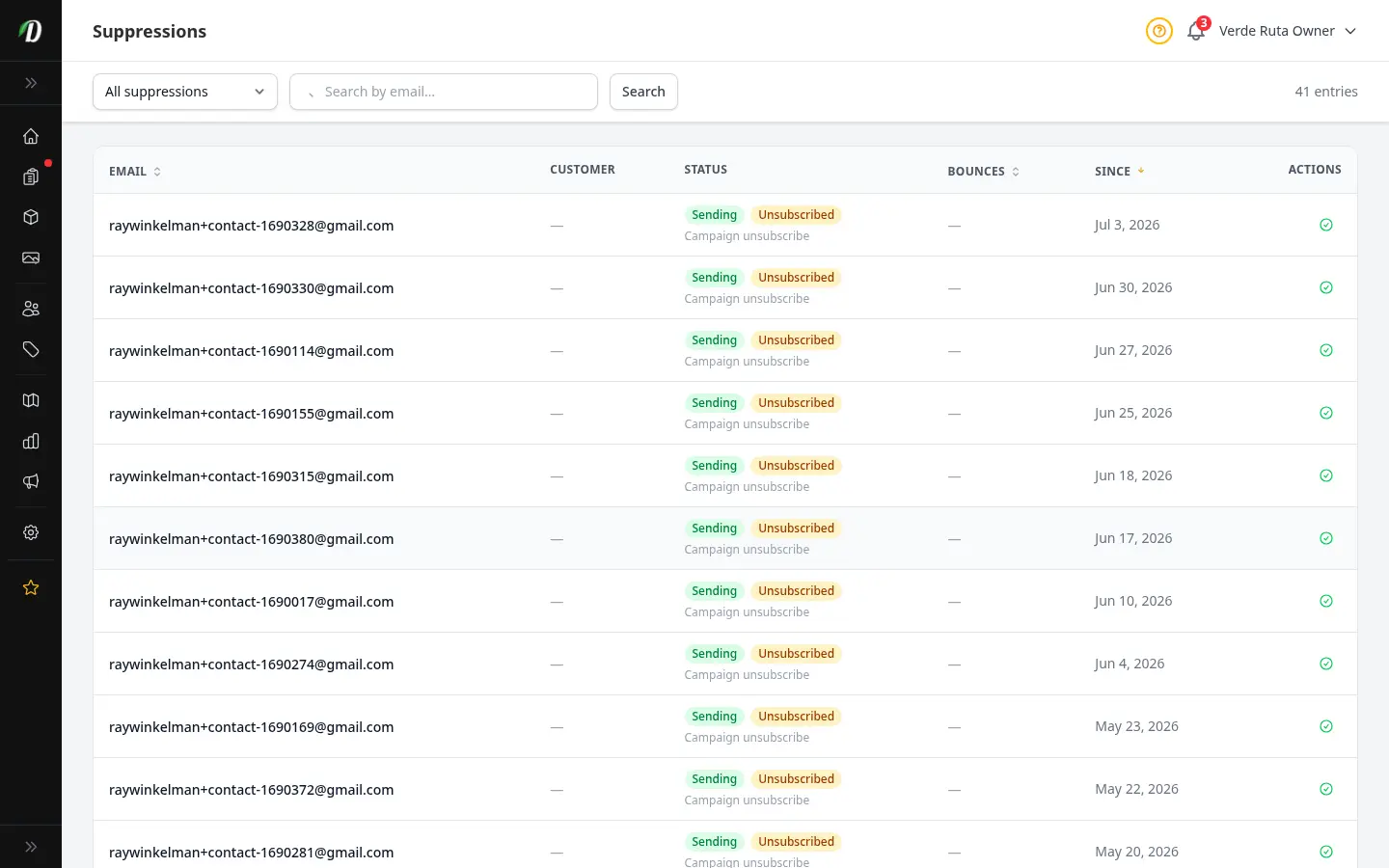 Página de supresiones de DabDash mostrando correos bloqueados, motivos de rebote y controles de baja