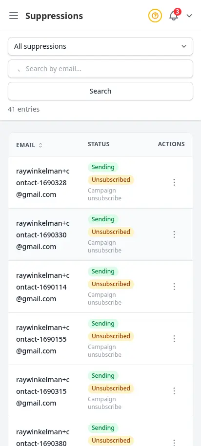 Página de supresiones de DabDash mostrando correos bloqueados, motivos de rebote y controles de baja