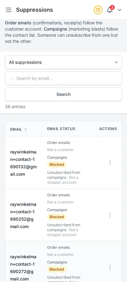 Página de supresiones de DabDash mostrando correos bloqueados, motivos de rebote y controles de baja