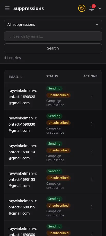 Página de supresiones de DabDash mostrando correos bloqueados, motivos de rebote y controles de baja