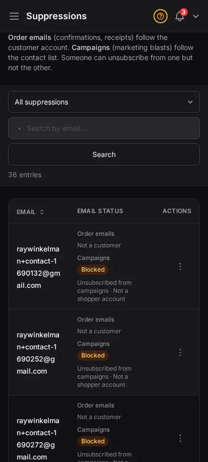Página de supresiones de DabDash mostrando correos bloqueados, motivos de rebote y controles de baja