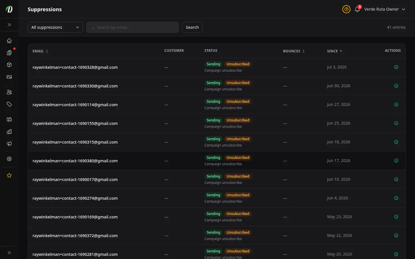 Página de supresiones de DabDash mostrando correos bloqueados, motivos de rebote y controles de baja
