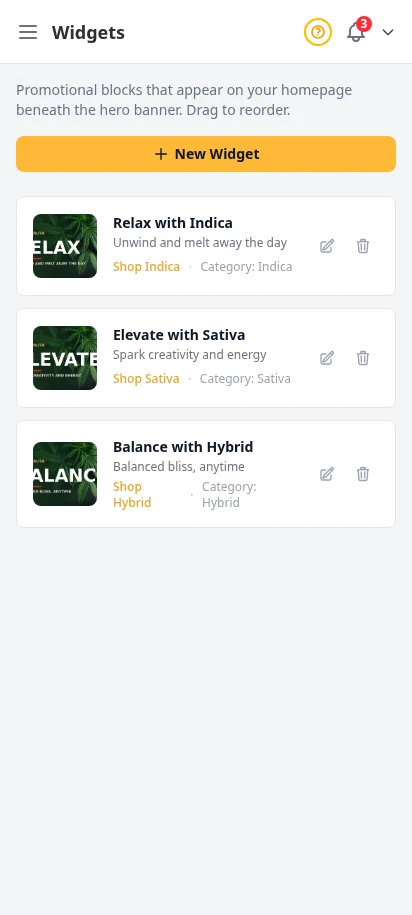 DabDash widget list showing homepage promo cards with images, links, and active status — mobile view