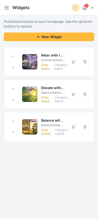 Lista de widgets de DabDash mostrando tarjetas promocionales de página de inicio con imágenes, enlaces y estado activo — vista móvil