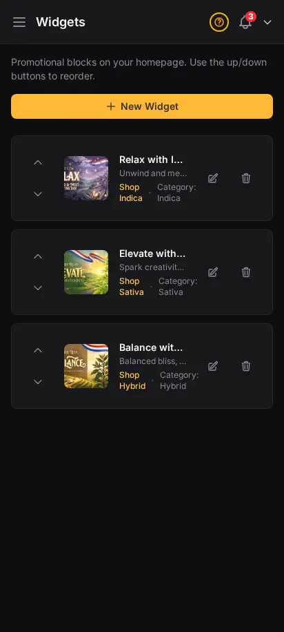 Lista de widgets de DabDash mostrando tarjetas promocionales de página de inicio con imágenes, enlaces y estado activo — vista móvil
