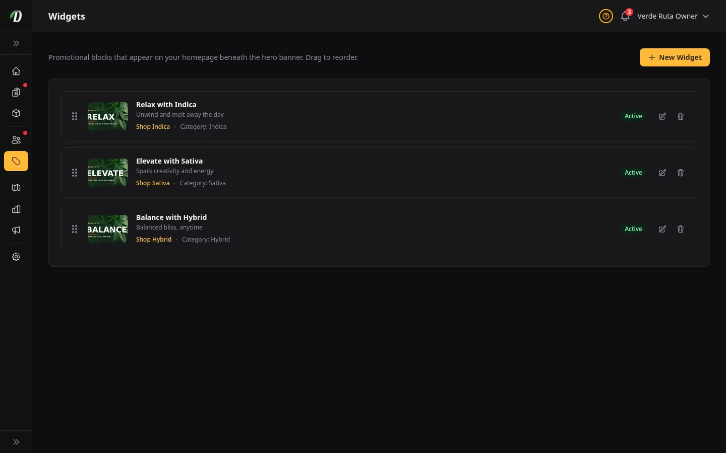 DabDash widget list showing homepage promo cards with images, links, and active status