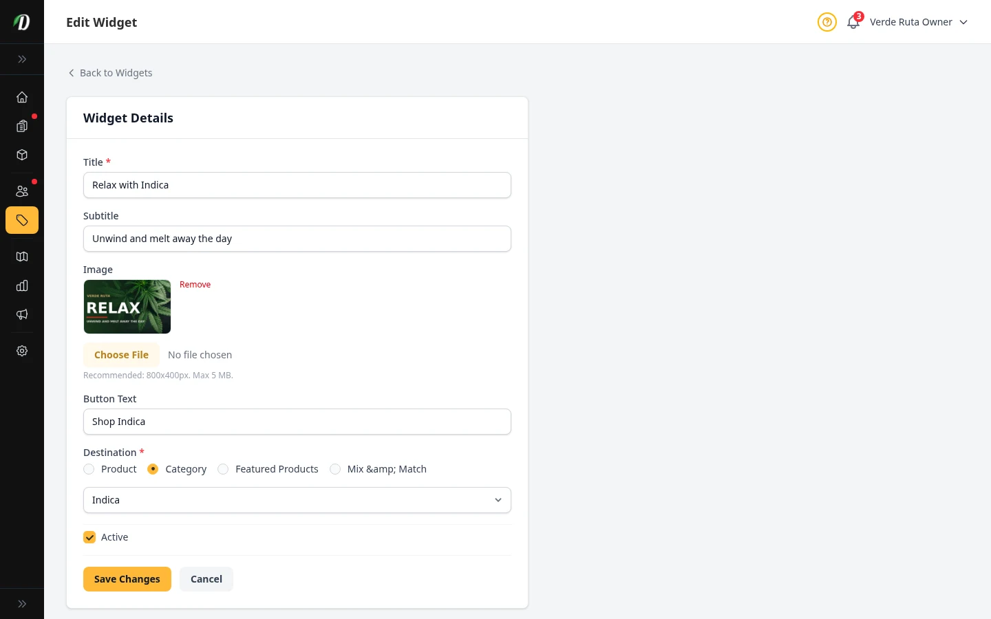 DabDash widget editor showing title, image, button text, destination, and visibility controls